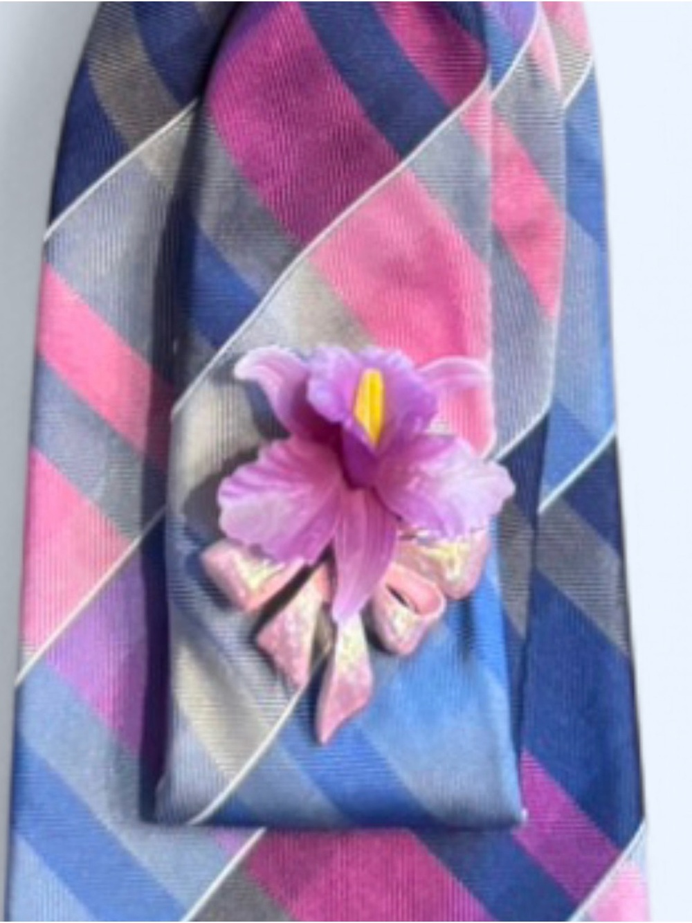 Upcycled Pink and Blue Plaid NeckTie Necklace with Vintage Lily Pin - Picture 3 of 5